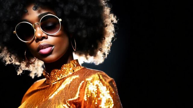 A black 1970s disco queen with a big afro and sunglasses