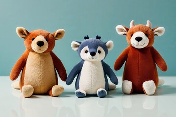 Fototapeta premium Delightful Trio of Soft Stuffed Critters Isolated on a Pristine Backdrop