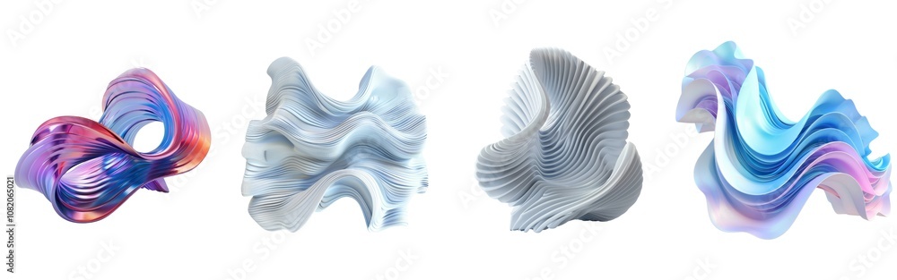 Poster abstract digital art featuring colorful, flowing shapes with a blend of textures and hues, creating 