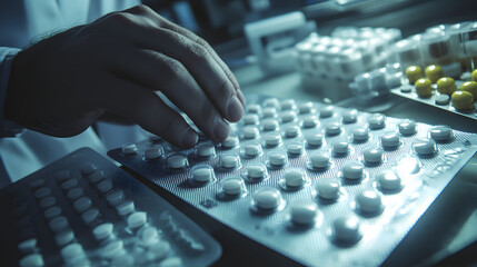 Close-up of a pharmacists hand counting pills on a tray.