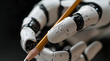 Close-up of a prosthetic hand using a pencil to write showing precision and control.