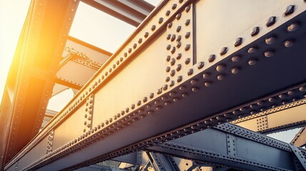 Naklejka premium Close-up of bridge beams and rivets against a sunny sky, highlighting the bridge's intricate metalwork.