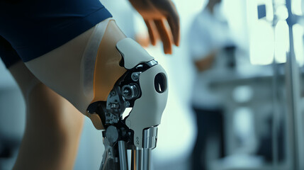 Close-up of a prosthetic knee joint while a patient bends their leg showing the joints flexibility and motion.