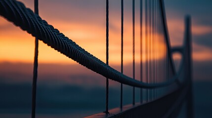 Fototapeta premium Close-up of bridge cables set against a soft dawn sky, symbolizing the start of a journey.