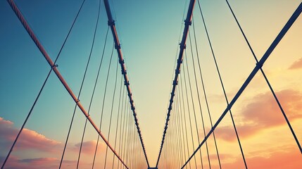 Obraz premium Close-up of bridge cables set against a soft dawn sky, symbolizing the start of a journey.