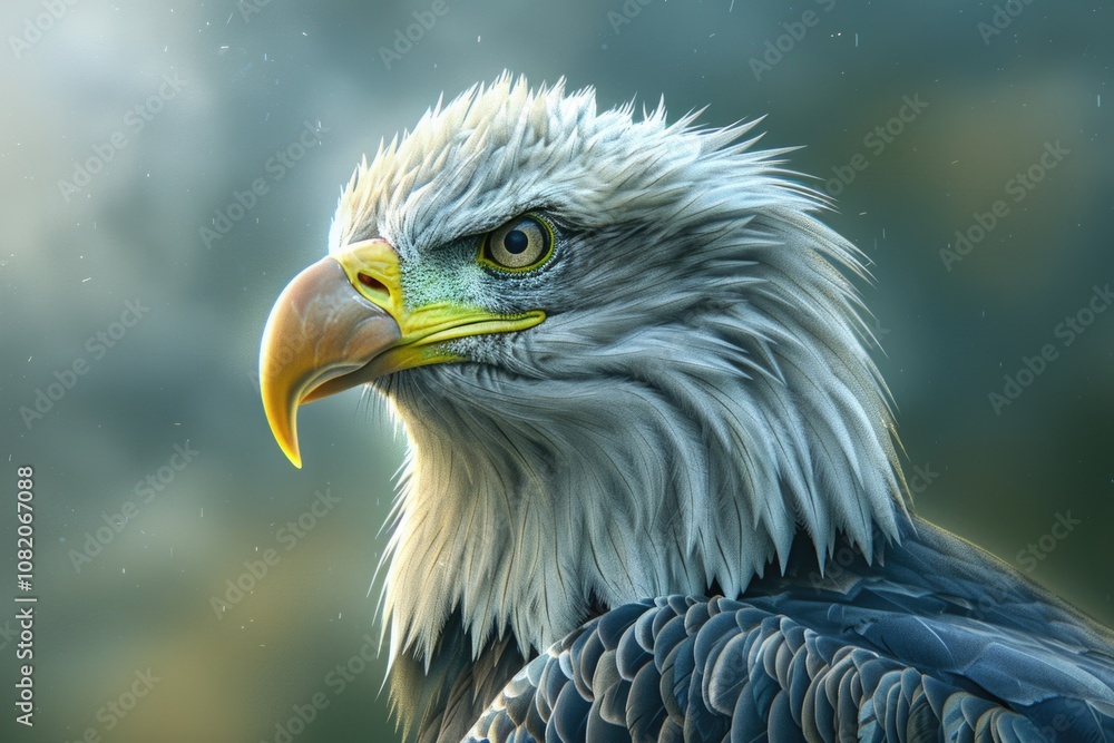 Poster a close-up view of a bird's face, highlighting its sharp features and piercing gaze