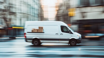 High-Speed Urban Courier Van in Motion: Packages Visible Through Windows on Busy City Street, Showcasing Fast-Paced Nature of Courier Services and Efficient City Deliveries
