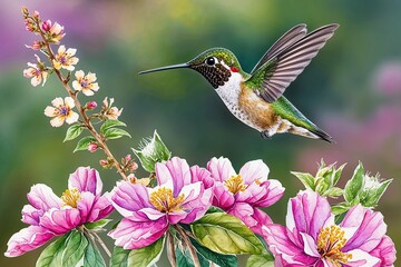 Fototapeta premium Radiant Watercolor Hummingbird Above Blossoming Botanicals in Nature