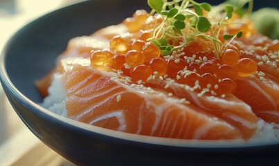 A bowl of sushi with a garnish of seaweed and sesame seeds