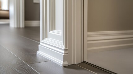 Fototapeta premium Close-up view of a plastic door frame with a beveled edge, partially open, showcasing design details.