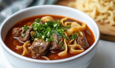 A bowl of red soup with noodles and meat