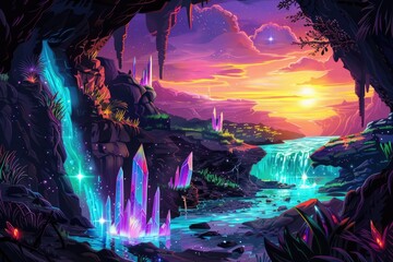 Crystal Grotto at Sunset with a Glowing Waterfall