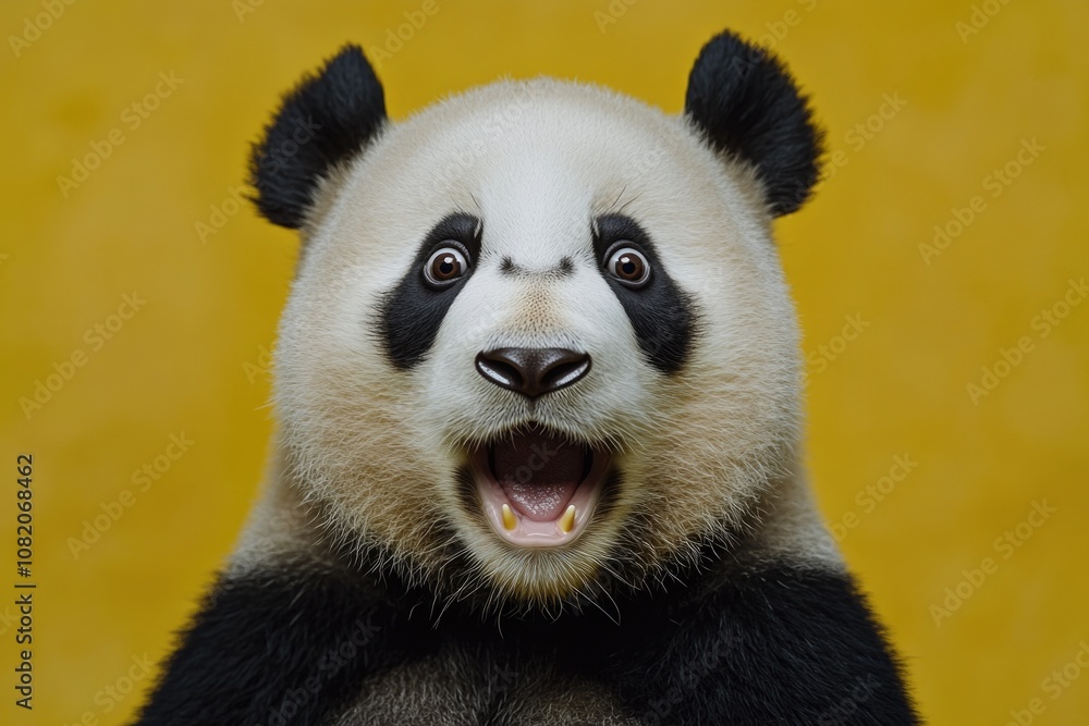 Poster close-up view of a panda's face with its mouth open, ideal for use in educational or wildlife-relate