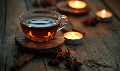 A cup of tea with a star on it sits on a wooden table