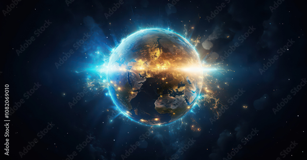 Poster a digitally rendered globe with glowing elements, depicting a vibrant and dynamic representation of 