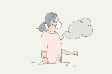 Colored woman wearing a mask amidst air pollution. Air pollution concept one-line drawing