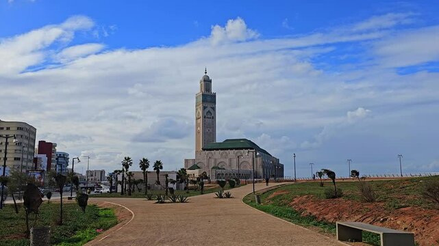 the famous Hassan II Mosque, a stately mosque, a fine example of pure Moroccan architecture, One of the five largest mosques in the world, a true icon landmark of Casablanca, Morocco
