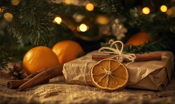 A box of oranges with a cinnamon stick on top