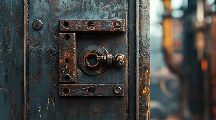 Detail of a heavy-duty metal door frame with industrial lock, half open, representing security.