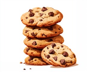 Naklejka premium A stack of delicious chocolate chip cookies, golden brown and freshly baked, invitingly arranged on a clean background.