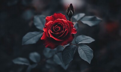 A red rose is in the foreground of a dark background