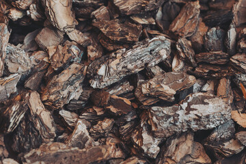 Background from coniferous tree bark pieces. Abstract background texture. Crushed tree bark texture background closeup. Shredded brown tree bark for decoration and mulching or for playground