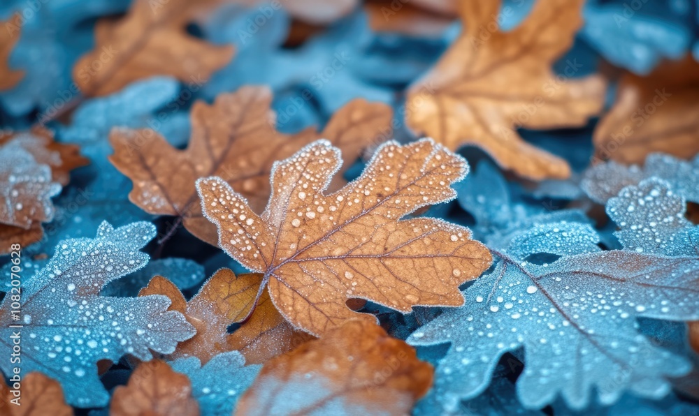 Poster a pile of leaves with some of them having frost on them