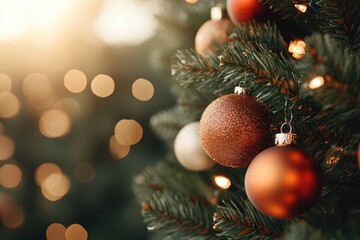 Obraz premium Glimmering Christmas ornaments adorn a festive tree, bathed in warm, enchanting light.