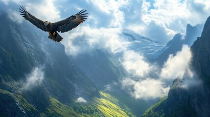 Obraz premium Eagle flying above a valley surrounded by towering mountains, clouds drifting through the rugged terrain
