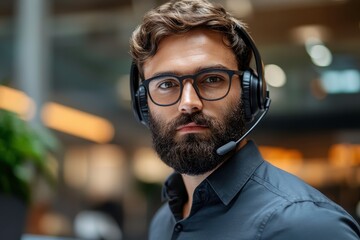 Professional Male Customer Service Agent with Beard and Headset in Modern Office Environment, Offering Support and Assistance to Clients