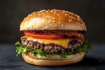 Delicious Cheeseburger With Fresh Lettuce, Tomato, and Crispy Bacon on a Sesame Seed Bun