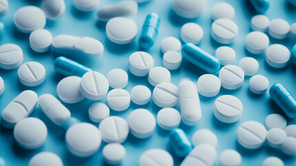 Detailed shot of different shapes and sizes of white and blue medical pills scattered on a surface.