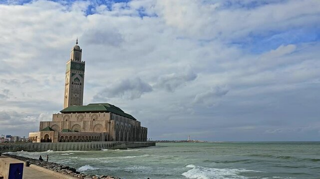 the famous Hassan II Mosque, a stately mosque, a fine example of pure Moroccan architecture, One of the five largest mosques in the world, a true icon landmark of Casablanca, Morocco