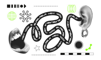 Contemporary art collage with female open mouth. Female halftone lips with tongue and piercing.Trendy vector pieces. Creative collage in Y2K style for social media, card, print on clothes. 