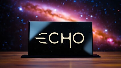 A golden "ECHO" inscription on a black plaque, with a blurred galaxy background.