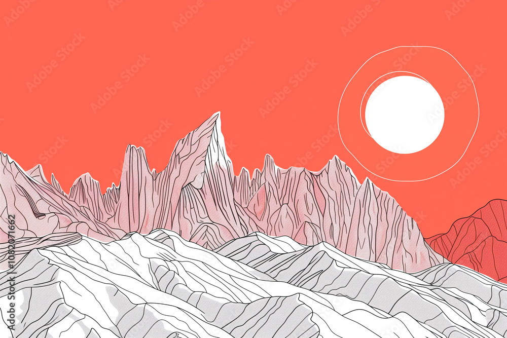 Poster minimalistic line art of a mountain range, with simple, angular lines representing the peaks and val