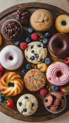 Obraz premium A delicious assortment of baked goods, including colorful donuts, muffins, cupcakes, and fresh berries, beautifully arranged on a wooden platter, perfect for dessert lovers.