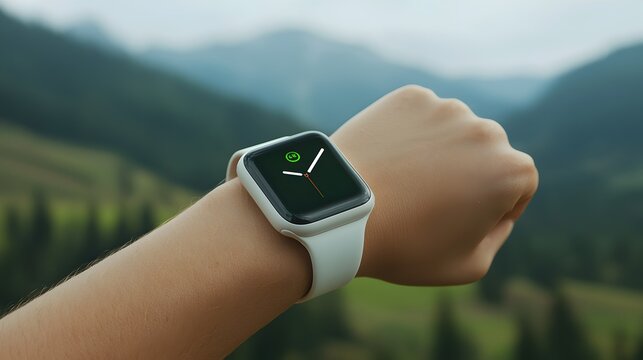Timeless Elegance: Smartwatch on wrist against mountain backdrop