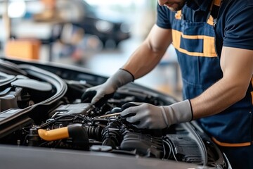 A Mechanic Working on a Car Engine in a Busy Garage During the Daytime