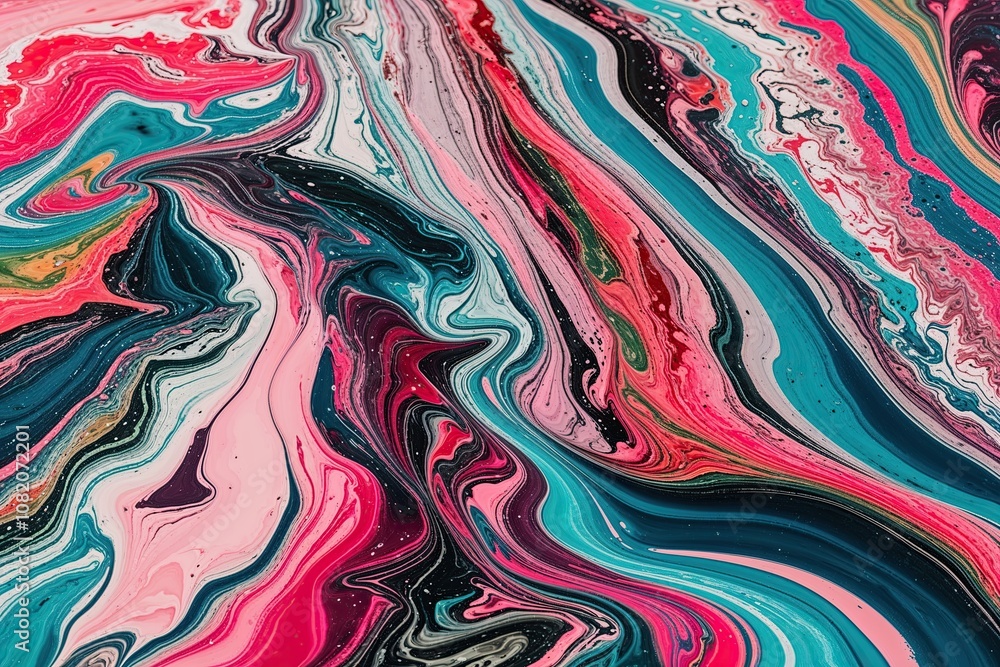 Poster vibrant marbled acrylic ink waves with colorful dynamic textures and patterns
