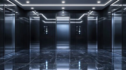 Elevator buttons with an LED display indicating floors, polished metal surface reflecting soft light