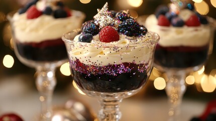 New Year's Themed Layered Trifle Dessert with Cream and Fruit Garnished with Edible Glitter, Festive and Colorful Treat for Celebrations