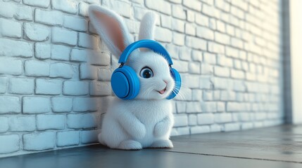 A cute white rabbit wearing blue headphones and listening to music against a white brick wall.