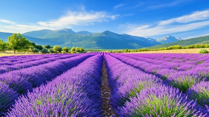 Obraz premium Lavender Field in the French Countryside with Mountain Range in the Background