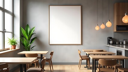 Blank framed poster on wall in modern urban cafe interior.