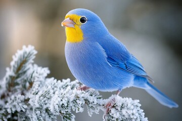 Fototapeta premium Winter Harmony: Yellow Bird on Snowy Branch