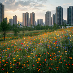 Photo Vibrant Wildflower Meadow and Cityscape at Sunset