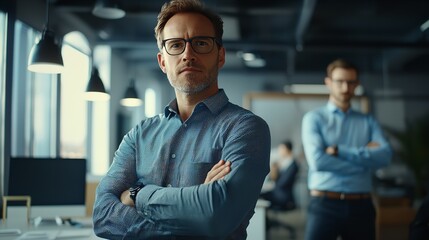 Fototapeta premium Portrait of leader and man with arms crossed, startup success