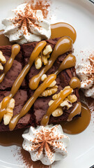 Delicious chocolate brownies drizzled with caramel sauce, topped with whipped cream and walnuts, served on a white plate with a sprinkle of cocoa powder. A decadent dessert treat.