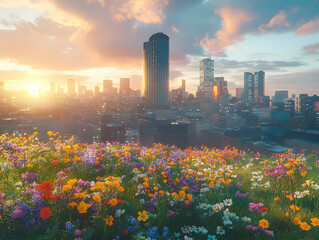 Illustration - City Sunset Wildflower Meadow Urban Landscape